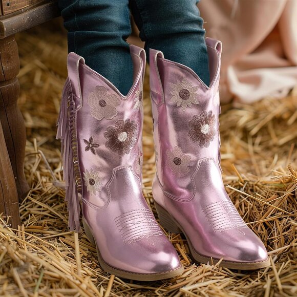 Girls Purple Cowgirl Boots With Tassel Floral Embroidered Kids Western Boots - Picture 5 of 5